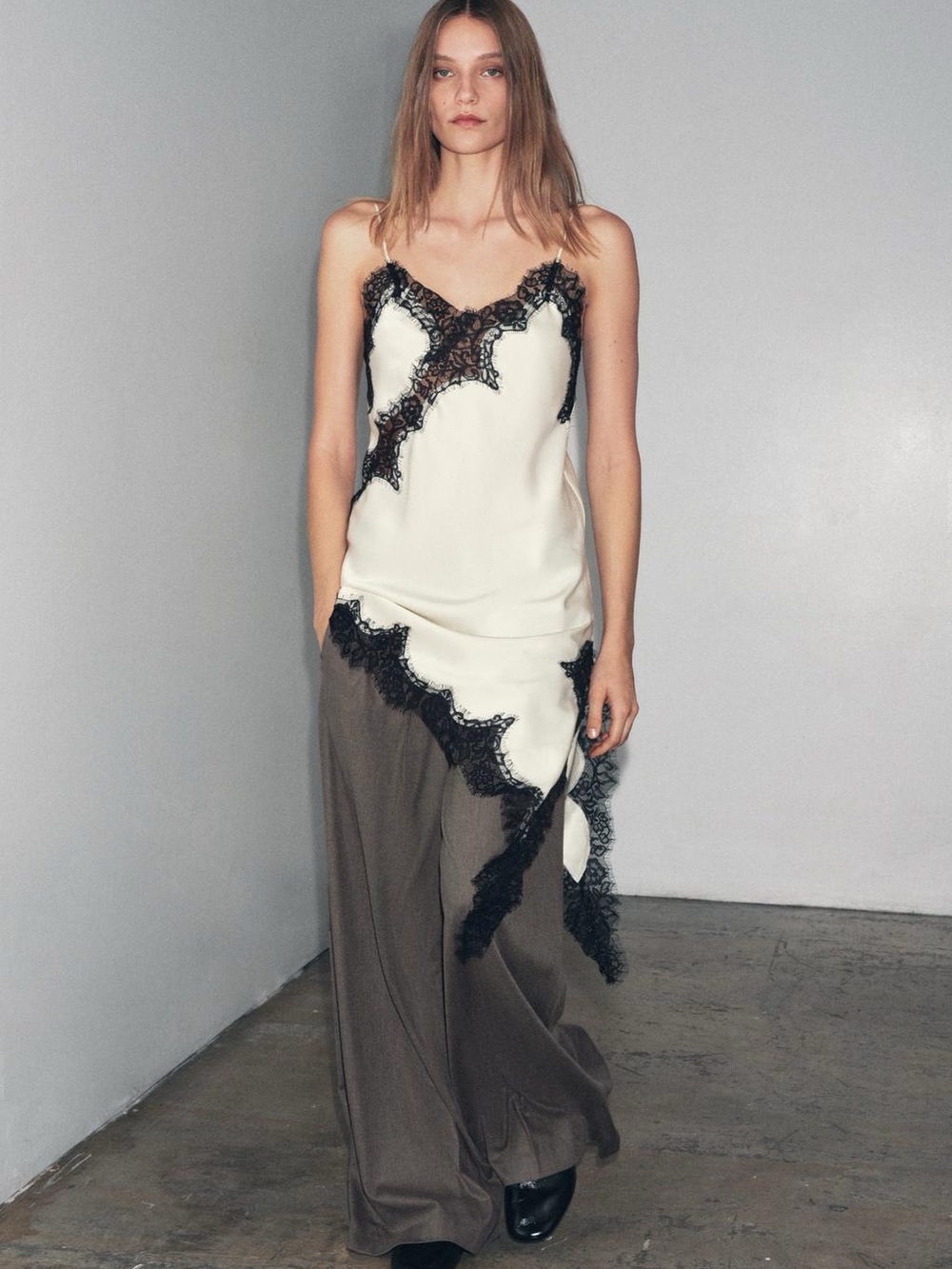 ZARA Asymmetrical Satin Slip Dress with Lace Trim- Ivory S NWT